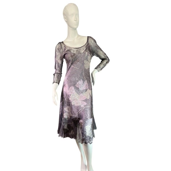 Komarov Dress Gray Silver Mauve Ginko Leaf Print Pleated Hem, Lace Detail $468 M - Picture 2 of 13